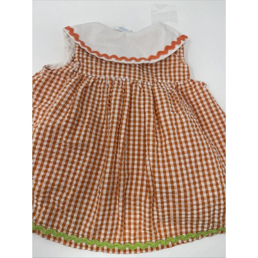 Vintage Cradle Togs Baby Girl Orange Gingham Dress Flower Bee Outfit w/ hat 12M